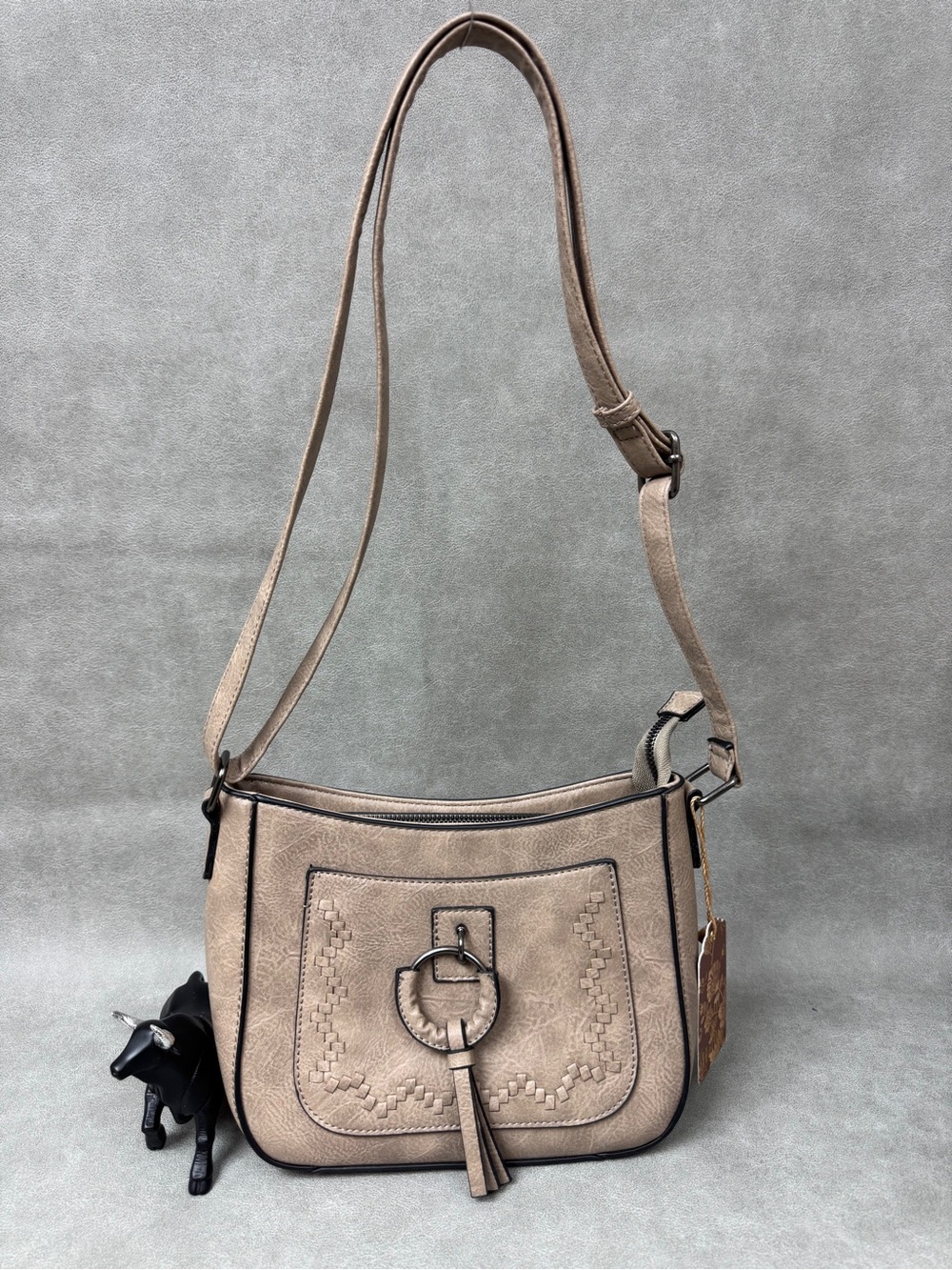 Taupe vegan  Crossbody Shoulder Bag with Decorative Ring and Tassel